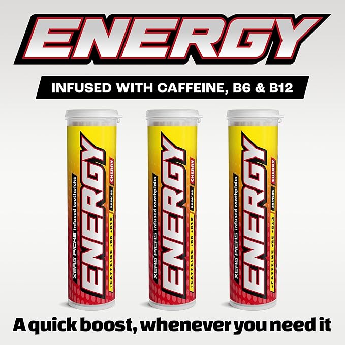 Xero Picks Energy Caffeine Flavored Toothpicks B12 for Focus & B6, 60 Picks (Pack of 3) (Cherry) Sugar-Free Alternative to Energy Mints & Gum - Kosher