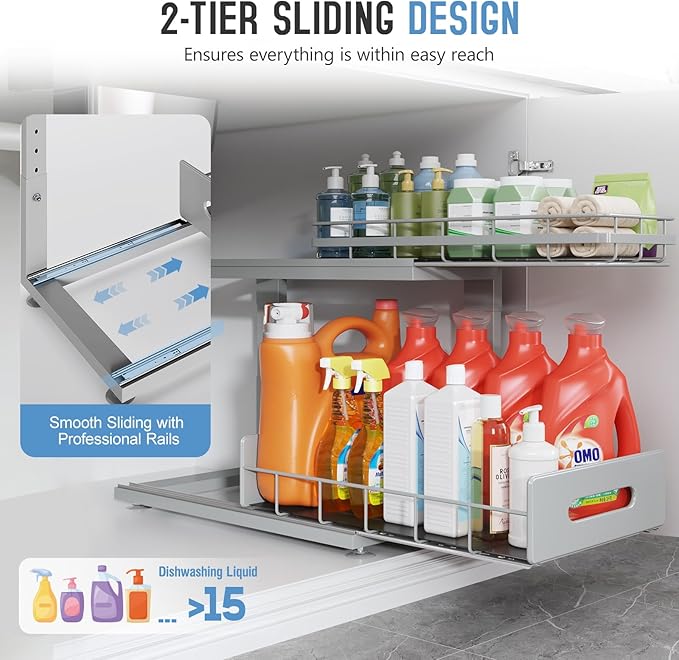 1 Pack 18 IN Depth Under Sink Organizer with Smooth Ball Bearing Slides, 2-Tier Pull Out Cabinet Storage, Slide Out Drawers for Bathroom&Kitchen, Rust-resistant Coating, Height Adjustable - Gun Gray