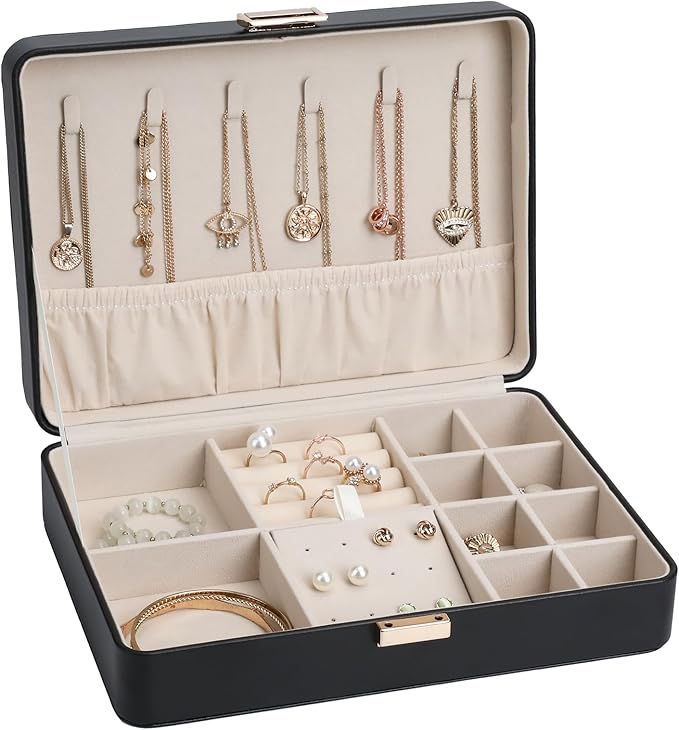 Jewelry Box Travel Jewelry Organizer Case for Women | Portable Storage for Earrings, Necklaces, Rings, Bracelets Gift Ready Box Black