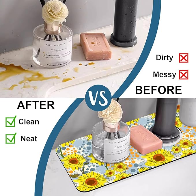 Watercolor Sunflowers Sink Faucet Absorbing Mat Sunflowers Polka Dots Super Absorbent Fast Drying Mat Sink Gadgets Behind Faucet Sinkmat for Kitchen Bathroom, 15.5"x5.5"