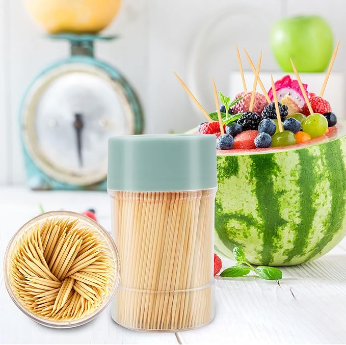 Bamboo Toothpicks [3000 Count] - With Reusable Toothpick Holder, Sturdy Smooth Finish Tooth Picks, for Party, Appetizer, Olive, Barbecue, Fruit and Teeth Cleaning, Green.