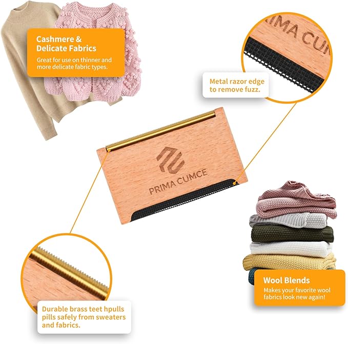 Wooden Cashmere Comb for Knits, Sweaters, Wool & Delicate Fabrics – Manual Fabric Shaver, Fuzz Remover, Portable Depiller for Clothes, Bobbles, Lint, Pilling Tool – Sweater Care Essential