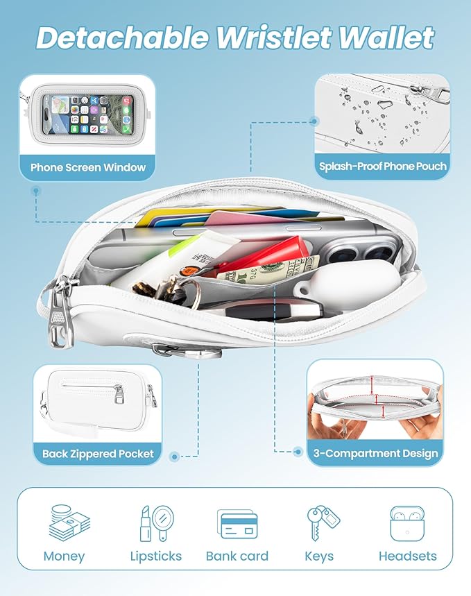 Clip and Go Strap for Phone with Wallet Crossbody, Detachable Wristlet Strap Pocket with Zipper Phone Screen ID Window, 2 Pcs Metal Tether Patches Compatibe with iPhone and Most Smartphones White