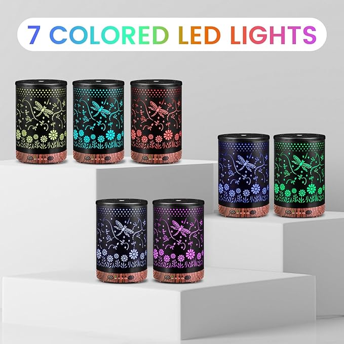 Essential Oil Diffuser 120ML Metal Aromatherapy Diffuser, Cool Mist Humidifier with Auto Shut-Off Protection 7 Color Lights for Home Office Spa (Dragonfly)