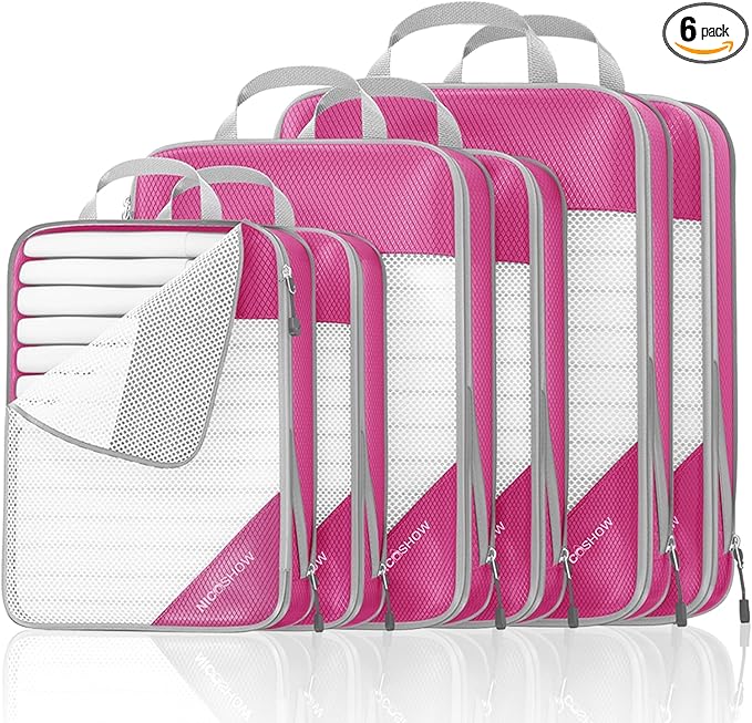 Compression Packing Cubes 6 Set, Compressible Space-Saving Packing Cubes for Travel - Compression Bags, Luggage Organizer, Travel Essentials for Women, Hot Pink
