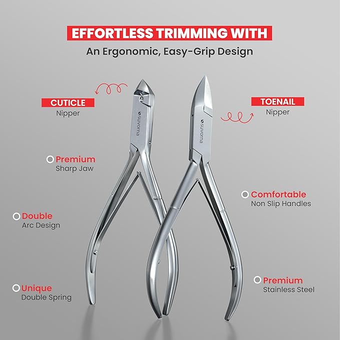 Suvorna Manicure Pedicure set with Toenail Clippers, Cuticle Nippers, Nail Clippers, Nail Scissors, 2 Cuticle Pusher, Nail File & Tweezer - Made with Stainless Steel - Nail Care kit (Black, 8 Pcs)