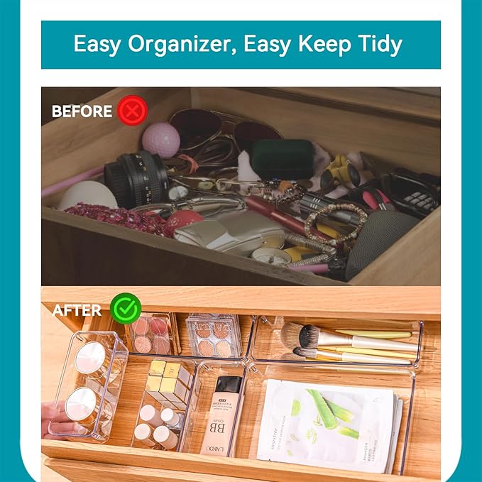Voova 8 Pack Plastic Drawer Organizers Set,3-Size Kitchen and Office Desk Drawer Organizer Trays,Acrylic Non Slip Storage Bin Divider for Makeup, Jewelry,Gadgets Utensils,Bedroom,Bathroom Vanity,Clear