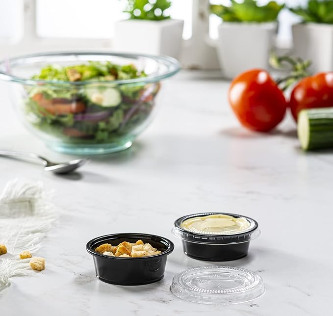 1.5 oz - 100 Sets Black Diposable Plastic Portion Cups With Lids, Small Mini Containers For Portion Controll, Jello Shots, Meal Prep, Sauce Cups, Slime, Condiments Disposable Souffle Cups