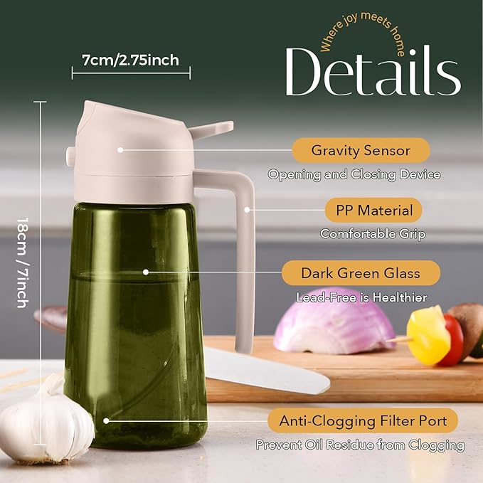 YARRAMATE 16oz/470ml Light-Blocking Dark Oil Sprayer for Cooking, 2 in 1 Olive Oil Dispenser Bottle for Kitchen,Dark Green Glass Oil Bottle, Food-Grade Oil Mister for Air Fryer, BBQ (LotusRootPink)