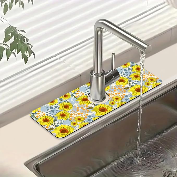 Watercolor Sunflowers Sink Faucet Absorbing Mat Sunflowers Polka Dots Super Absorbent Fast Drying Mat Sink Gadgets Behind Faucet Sinkmat for Kitchen Bathroom, 15.5"x5.5"