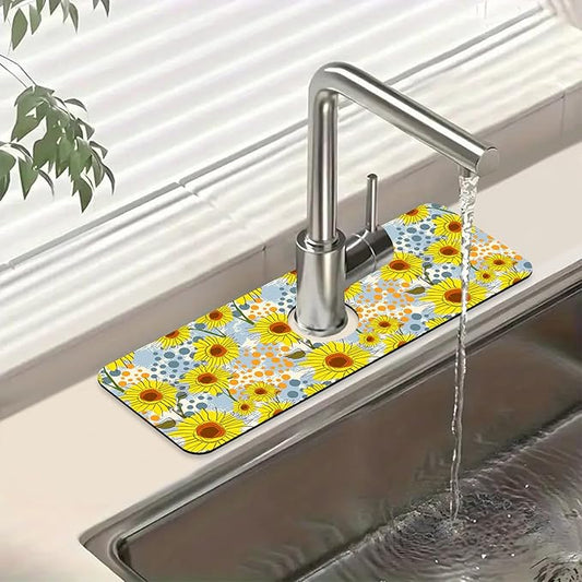 Watercolor Sunflowers Sink Faucet Absorbing Mat Sunflowers Polka Dots Super Absorbent Fast Drying Mat Sink Gadgets Behind Faucet Sinkmat for Kitchen Bathroom, 15.5"x5.5"