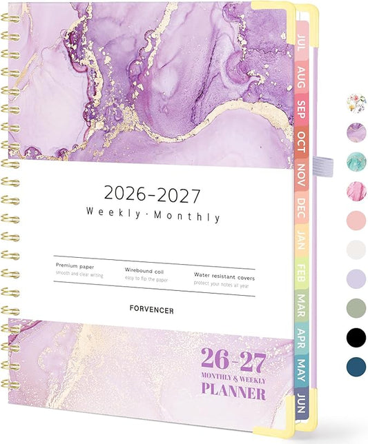 Forvencer Academic Planner 2026-2027, Hardcover Calendar Planner Weekly & Monthly, July 2026 - June 2027, 8.5" x 11", Daily Agenda with Tabs, College School Organizer for Student Teacher, Purple Marble