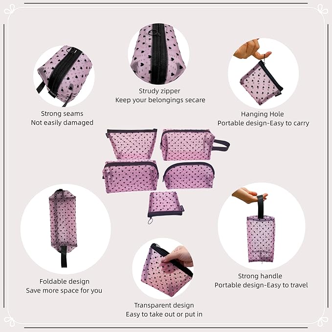 5 Pieces Mesh Heart Makeup Bags Sets, Zipper Mesh Cosmetic Bag Toiletry Bag, Travel Makeup Bags for Women, Small Items Storage Organizer Bags for Home Office Travel (Pink)