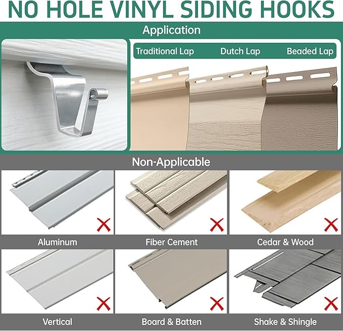 Vinyl Siding Clips Hooks (20 Pack), Heavy Duty No-Drill No Hole Damage-Free Siding Hangers for Outdoor Wall Lights Wreaths Garland Hanging, Front Porch Patio Decor