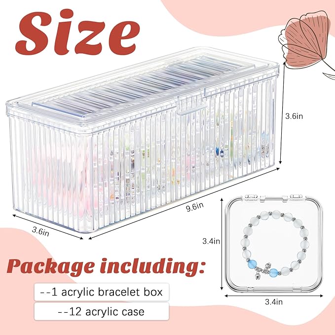 2 Pack Acrylic Bracelet Jewelry Storage Box with 12 Portable Anti Tarnish Organizers for Earrings/ring/necklace (Clear)
