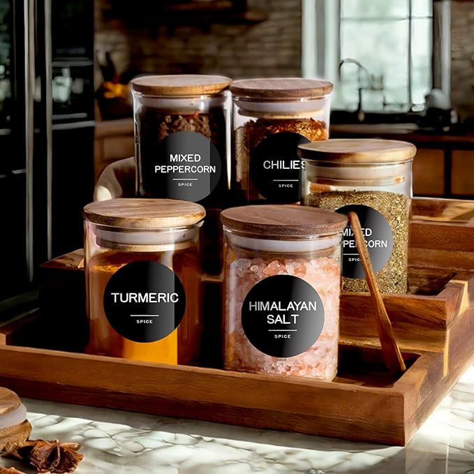 245 Spice Jar Labels - Round Preprinted Minimalist Waterproof Stickers for Kitchen Jars, Herb & Seasoning Labels for Pantry Organization (Black)