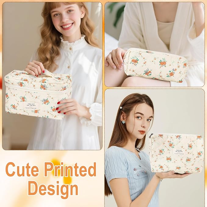 3Pcs Cotton Quilted Makeup Bag for Women Girls Large Small Travel Floral Cosmetic Bags Set Cute Coquette Zipper Makeup Pouch for Purse Aesthetic Cloth Flower Storage Toiletry Bag Organizer