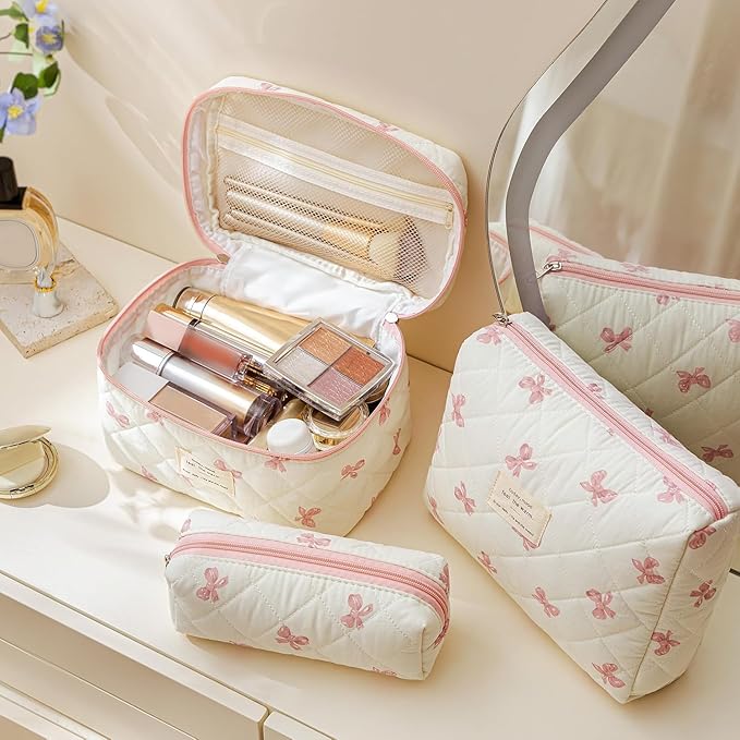 HBselect Quilted Makeup Bag, 3PCS Cotton Large Travel Makeup Bag, Cute Floral Coquette Make up Bag Cosmetic Bag Toiletry Bag for Women Girls