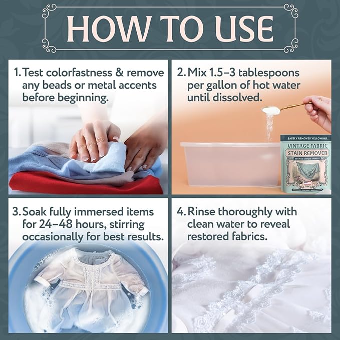 Vintage Fabric Stain Remover - Safely Cleans Retro & Antique Textiles - Made in the USA - Gently Removes Yellowing & Tough Stains From Vintage Linens, Quilts, Dresses, Doilies 32 Ounce (Pack of 1)