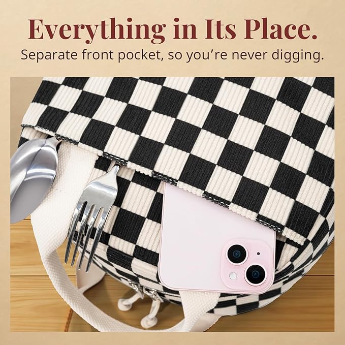 LOVELYWIND Insulated Black Checkered Lunch Bag for Women, Stylish Corduroy Tote with Aluminum Lining, Large Capacity Reusable Cooler for Work, Travel, or Beach, Beige Cream Water-Resistant Lunch Box