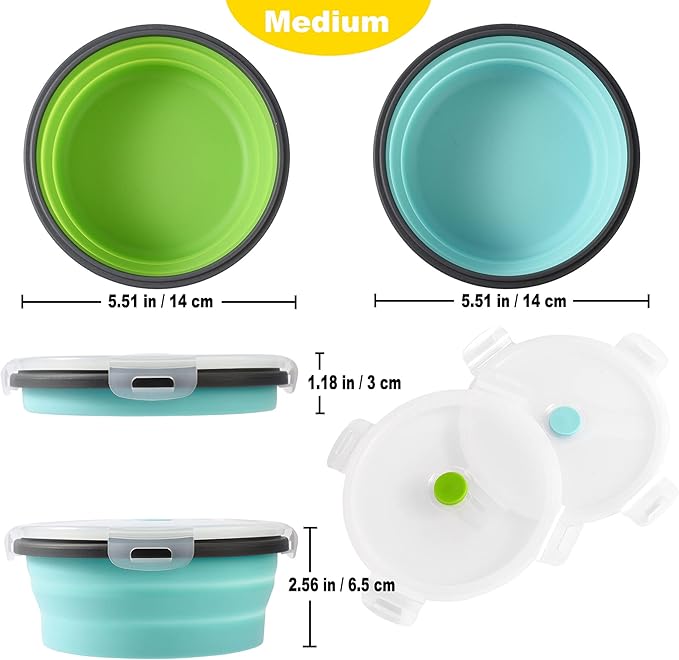 2 Pack Collapsible Silicone Travel Dog Bowls with Lids - Portable Pet Feeders, 17 oz 500ml