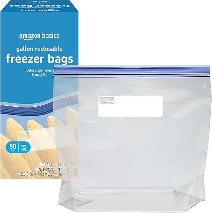 Amazon Basics Freezer Gallon Bags | Stand & Fill Base | 90 Count | Pack of 2