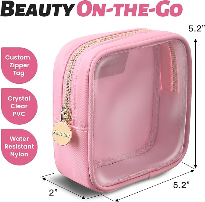 Aveniee Small Clear Makeup Bag, Mini Makeup Bag for Purse Organizer, Cosmetic Bag Travel Zipper Pouch for Women, Cute Car Accessories for Skincare Lipstick Essentials-Pink