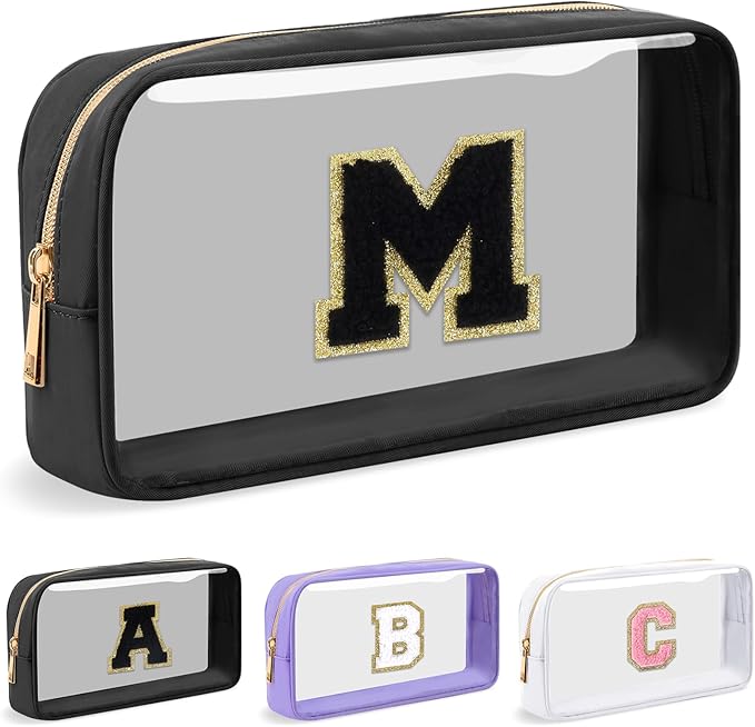 Personalized Initial Letter Clear Makeup Bag, Preppy Small Nylon & PVC Cosmetic Zipper Bag with Chenille Letter, Travel Skincare Toiletry Bag, Monogram Christmas Gift for Teen Girls Women, M