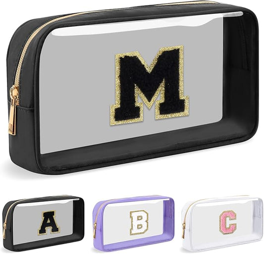 Personalized Initial Letter Clear Makeup Bag, Preppy Small Nylon & PVC Cosmetic Zipper Bag with Chenille Letter, Travel Skincare Toiletry Bag, Monogram Christmas Gift for Teen Girls Women, M