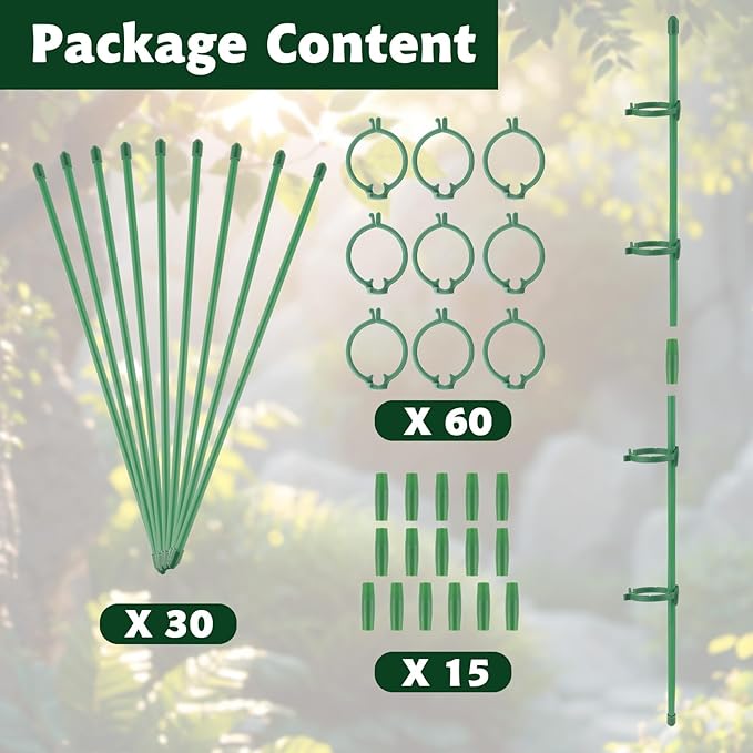 30 Pcs Adjustable Plant Support Stakes Garden Single Stem Support Stake Plant Cage Support Rings with Plant Clips and Connect Pipe for Orchid Rose Tomato, 12 Inch