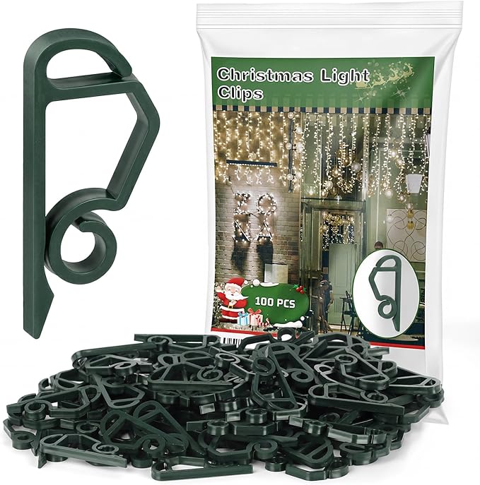 MEILIDY Christmas Light Clips, Weatherproof Plastic Gutter Clips for Hanging Outdoor Holiday Seasonal String Lights, Green, 100 Pcs