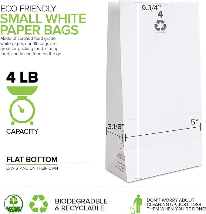 Stock Your Home 4 Lb White Paper Bags (250 Count) - Eco Friendly White Lunch Bags - Small White Paper Bags for Packing Lunch - Blank White Lunch Bags Paper for Arts & Crafts Projects