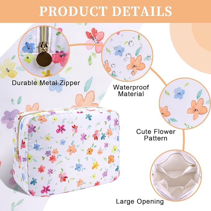 Waterproof Nylon Large Makeup Bag Travel Pouch, Floral Preppy Big Cosmetic Bag Make Up Organizer Toiletry Bag with Zipper, Large Capacity Cute Zipper Pouch Storage Bag for Women Girls(Fringed Iris)