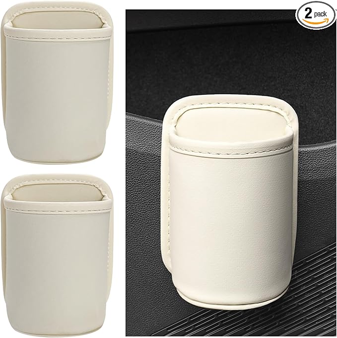 2 PCS Large Car Door Cup Holders, Clip On Beverage Drink Holder Vehicle Door Storage Organizer, Scratch-Resistant Leather Water Bottle Hanging Holder for SUV Sedan Truck (White)