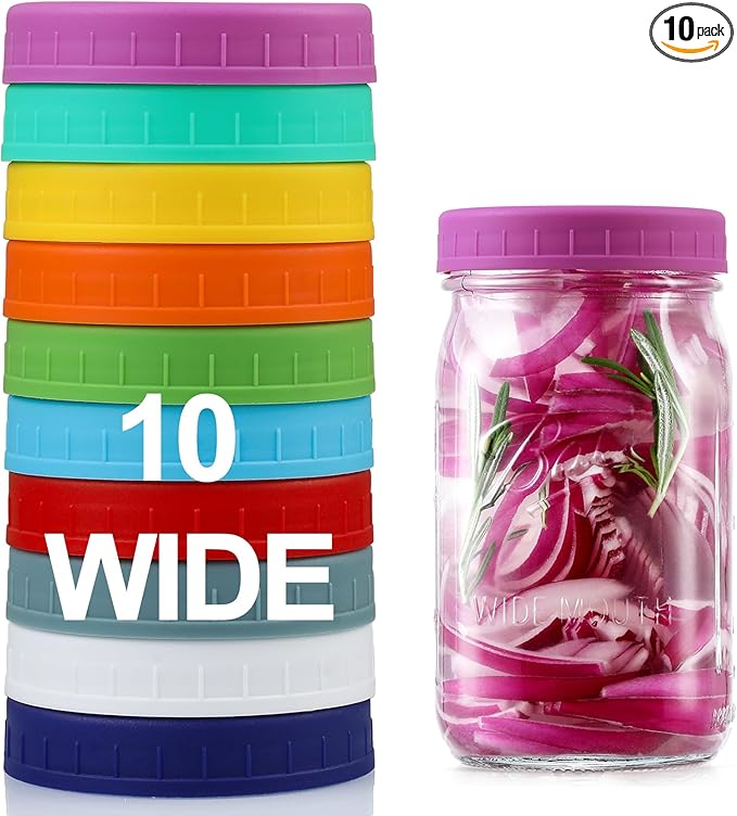 10 Pack Plastic Wide Mouth Mason Jar Lids for Ball, Kerr and More - Multicolor Storage Caps for Mason Jars, Canning Jars - Leak-Proof, Dishwasher Safe & Food Grade