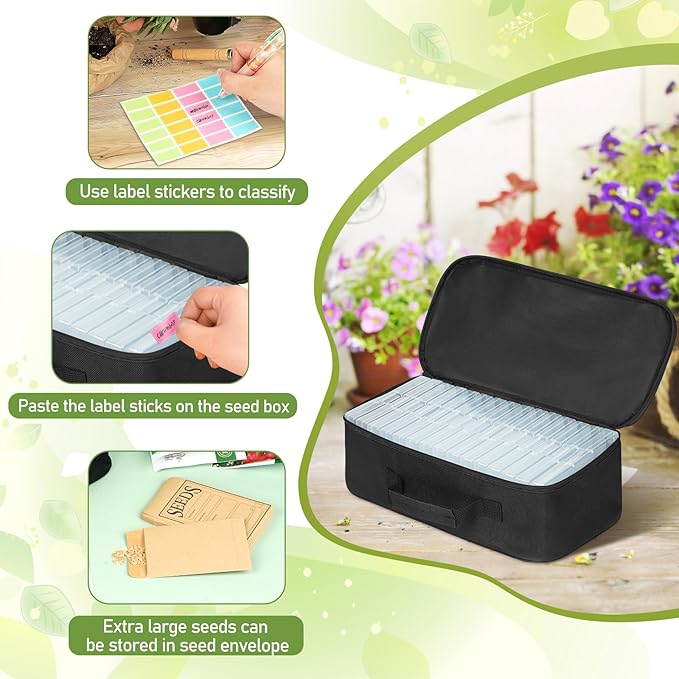 15 Slots Seed Storage Organizer Box with 20 Seed Envelopes, Large Capacity Seeds Storage Container with Zipper Bag Label Stickers, Seeds Saving Container for Garden Vegetable and Flower (Black)