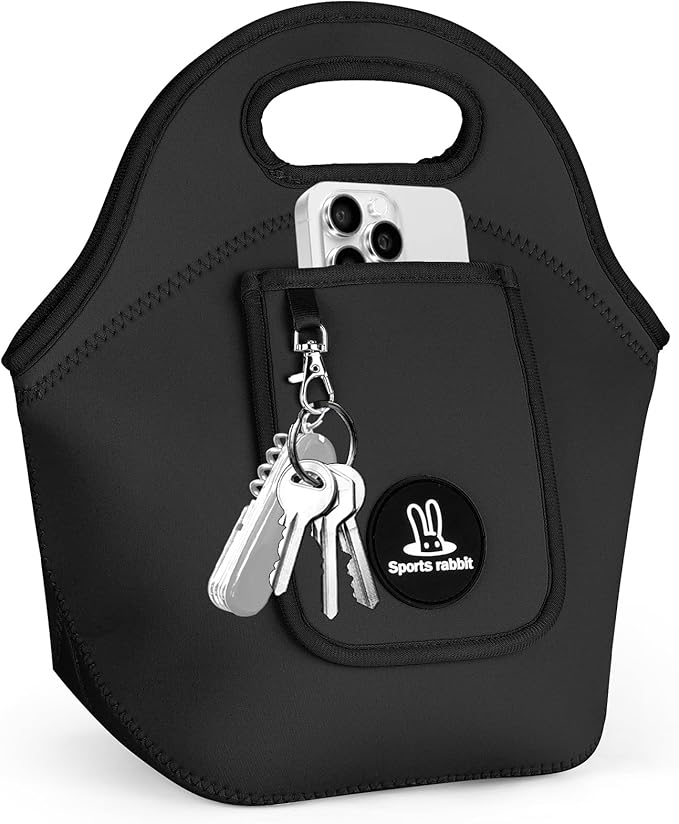 Sports Rabbit Insulated Neoprene Lunch Bag for Women – Foldable Lunch Tote with Front Pocket for Phone & Keys – Reusable, Lightweight, Waterproof, Easy Clean – Ideal for Work, Travel, Picnic (black)