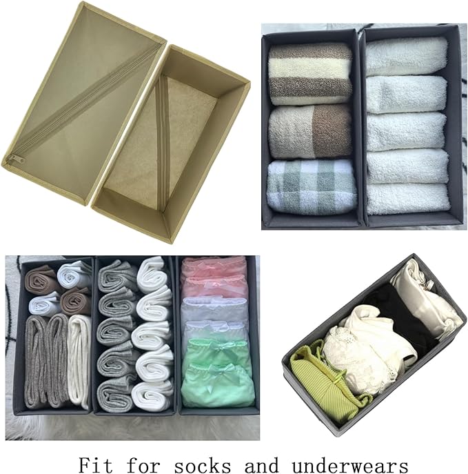 Socks Drawer Organizer Set of 3 Pack Khaki, 11' Small Underwear Dividers, Closet Cabinet Dresser Wardrobe Storage Boxes for Panty Stockings Leggings Bra