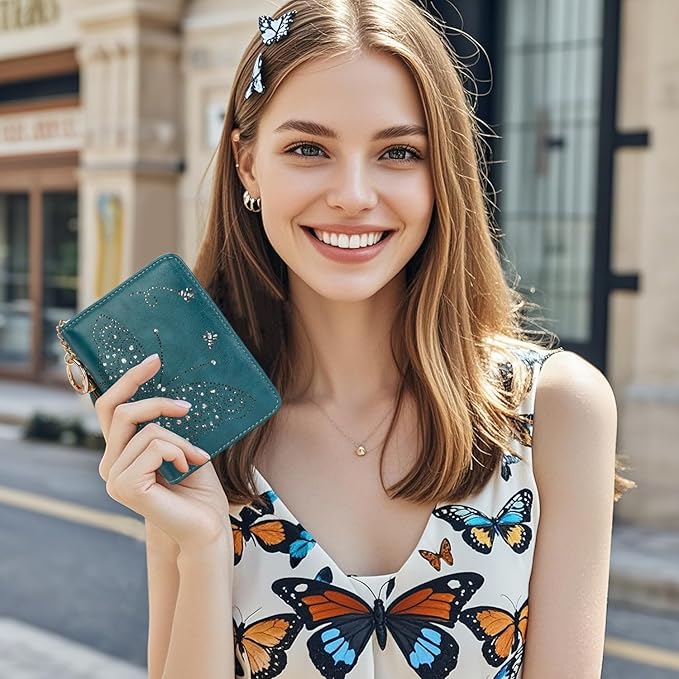 Women RFID Blocking Small Bifold Wallet, Compact Cash Clutch with Zipper Coin Pocket, Glittery Butterfly Design, Credit Card Holder, Travel Purse with Tassel PEACOCK-BLUE