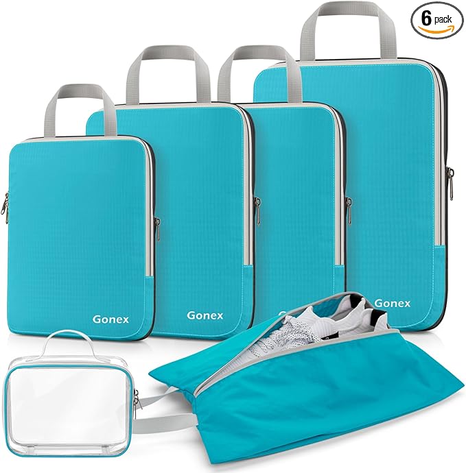Gonex Compression Packing Cubes, 6pcs Expandable Storage Travel Luggage Bags Organizers with Shoe Bag, Clear Toiletry Bag (Blue)