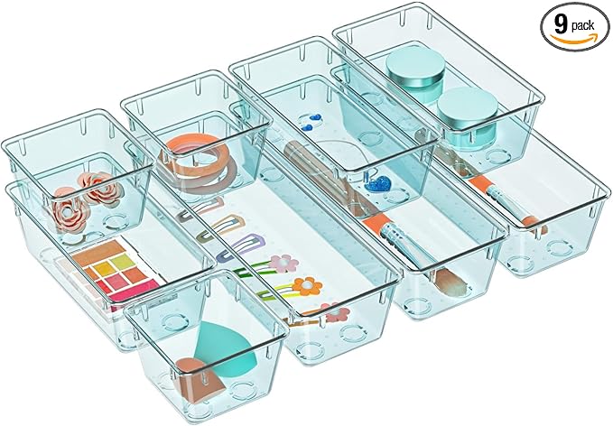 WOWBOX 9 Pack Clear Drawer Organizer Set, Acrylic Drawer Storage Trays, Storage Bins for Makeup, Cosmetics, Jewelries, Utensils, Gadgets, Office, Sea Blue