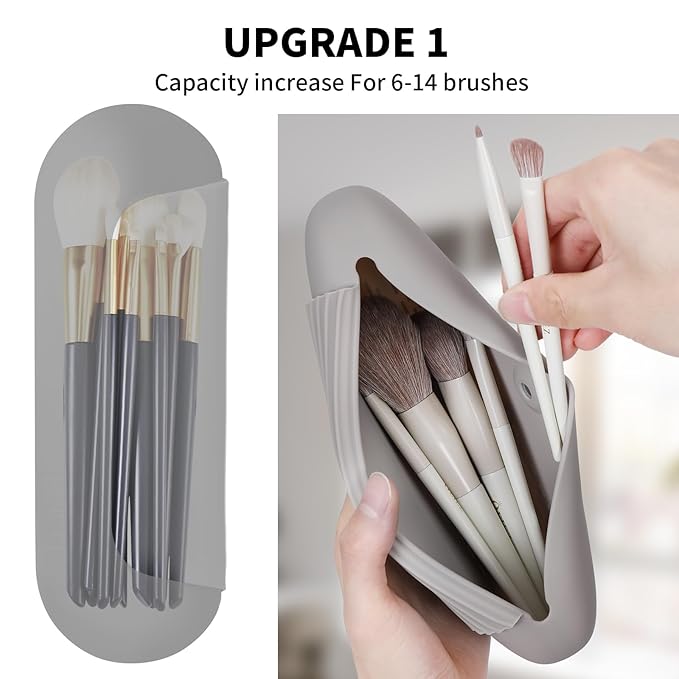 AGIKET Silicone Makeup Brush Holder Travel Cosmetic Bag: Soft Portable Cosmetic Face Brushes Holder with Upgrade Anti-Fall Out Magnetic Closure, Large Travel Makeup Brush Case - Stone