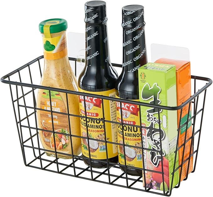 2 Pack Hanging Storage Basket, Bathroom Basket, Household Goods, with Traceless Tape, no Drilling, for Cabinet Storage, Kitchen, Bathroom, Storage Room,Black