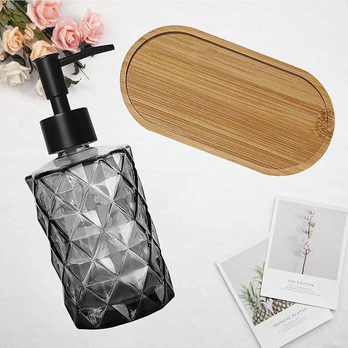 2PCS Black Glass Diamond Soap Dispenser Set, 12 oz, 2 Pack, Reusable, Refillable, Eco-Friendly, Clear, Tray & Plastic Pump, Kitchen, Bathroom