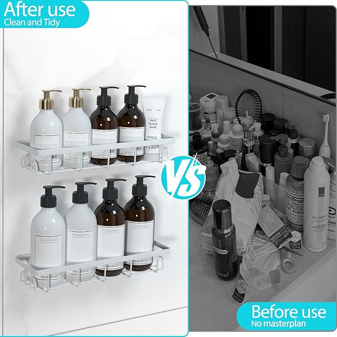 Shower Caddy Organizer with Hooks, Self-Adhesive Bathroom Shelves, No-Drill Bathroom Organizers and Storage, Perfect for RV, Apartment, Home Decor, 2 Pack White