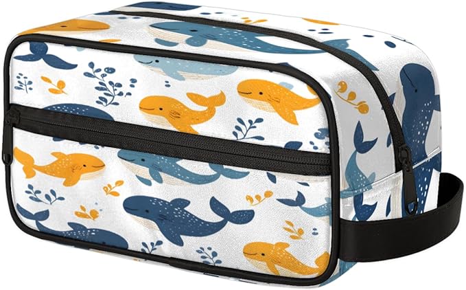 Whales And Seaweed Travel Toiletry Bag for Women, Waterproof Cosmetic Makeup Bag with PU Handle & Zipper, 2 Compartment Portable Shaving Bag for Bathroom, Gym, Business Trips