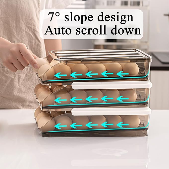 Egg Holder for Refrigerator Auto Scrolling Organizer Plastic Stackable Storage Container Reusable Clear Tray Box Basket Bin Lid Drawer Carrier Keeper(1 Layer)