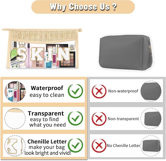 Clear Makeup Letter Patch Makeup Bag SKIN Pouch, Boho Clear Toiletry Bags Travel Small Cute Stadium Chenille Letter Cosmetic Zipper Pouch Purse, Women Transparent Waterproof Makeup Organizer Bag (SKIN)