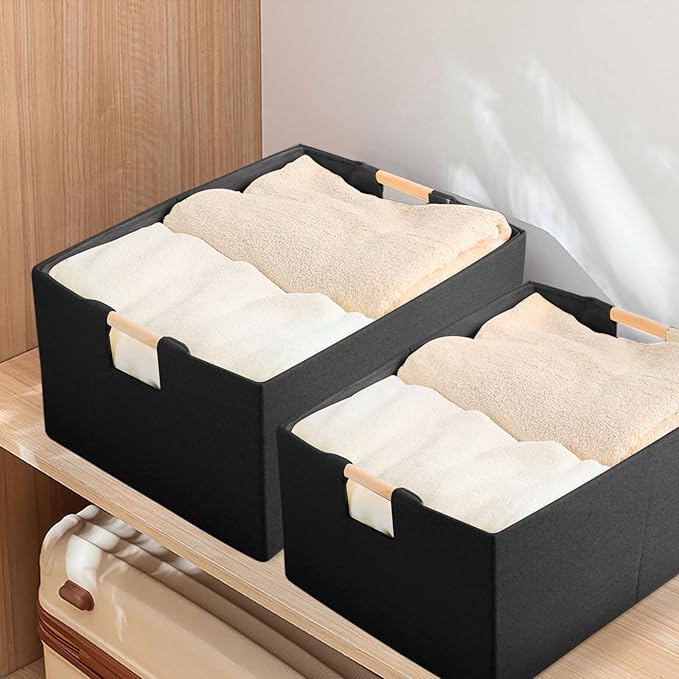 Fabric Storage Bin Box Foldable Cotton Linen Storage Basket with Wooden Handles Rectangular Cube Decorative Home Laundry Organizer Clothes Blanket Container – Black, Medium
