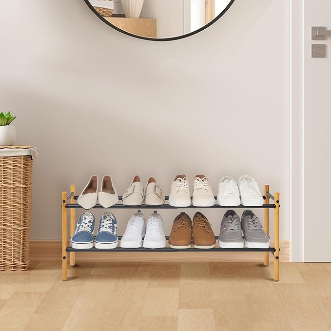 STORAGE MANIAC Expandable Shoe Rack, 8 Pairs Stackable Small Shoe Rack, Metal Adjustable Shoes Organizer for Closet, Entryway, Hallway, Garage, Front Door, Shoe Shelves, Bamboo 2 Tier